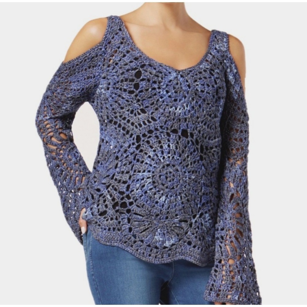 International Concepts Cold Shoulder Crochet Top Bell Sleeve Sweater‎ Twilight